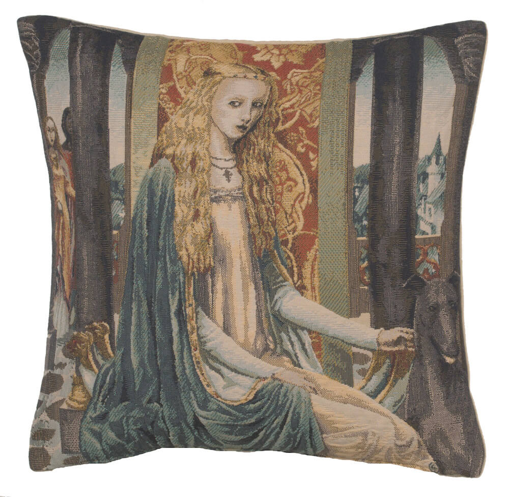 Lady I pillow cover woven in Belgium, in green tones, with a jacquard weave, with a velvet backing