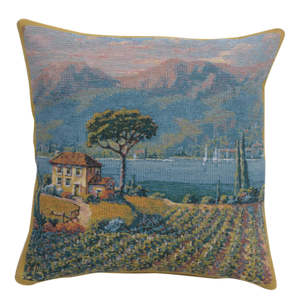 Lakeside Vineyard Left pillow cover woven in Belgium, in brown and beige tones, with a jacquard weave