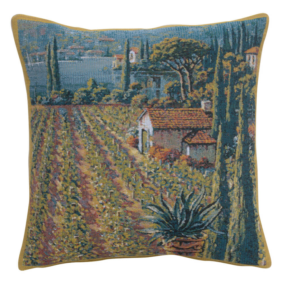 Lakeside Vineyard Right pillow cover woven in Belgium, in brown and beige tones, with a jacquard weave