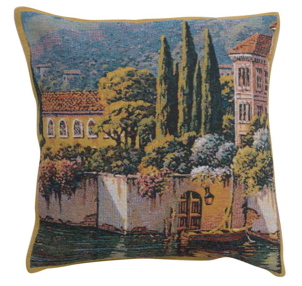 Varenna Reflections Village Right pillow cover woven in Belgium, with a landscape design in blue tones