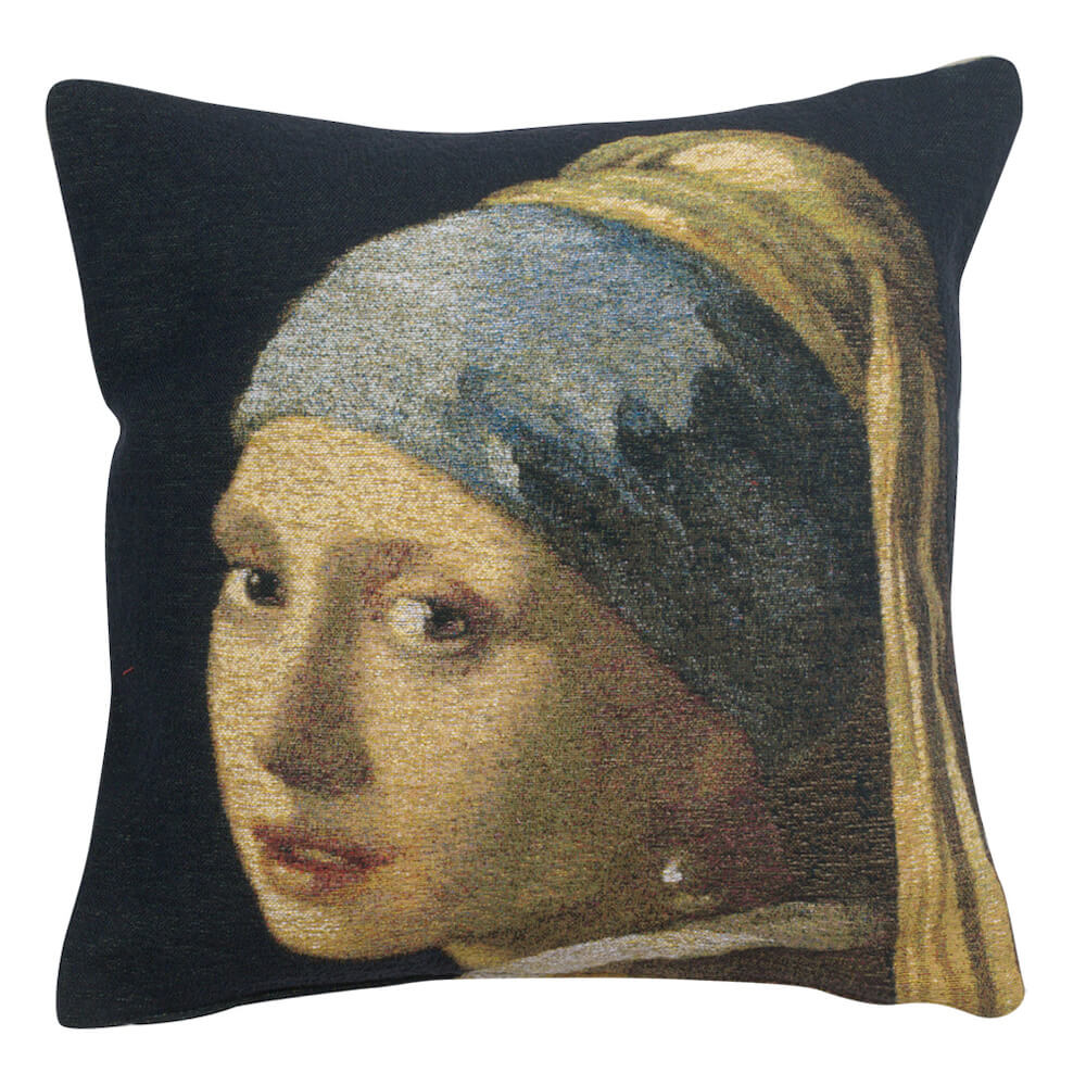 Girl with Pearl Earring I pillow cover woven in Belgium, in black tones, with a jacquard weave, with a velvet backing