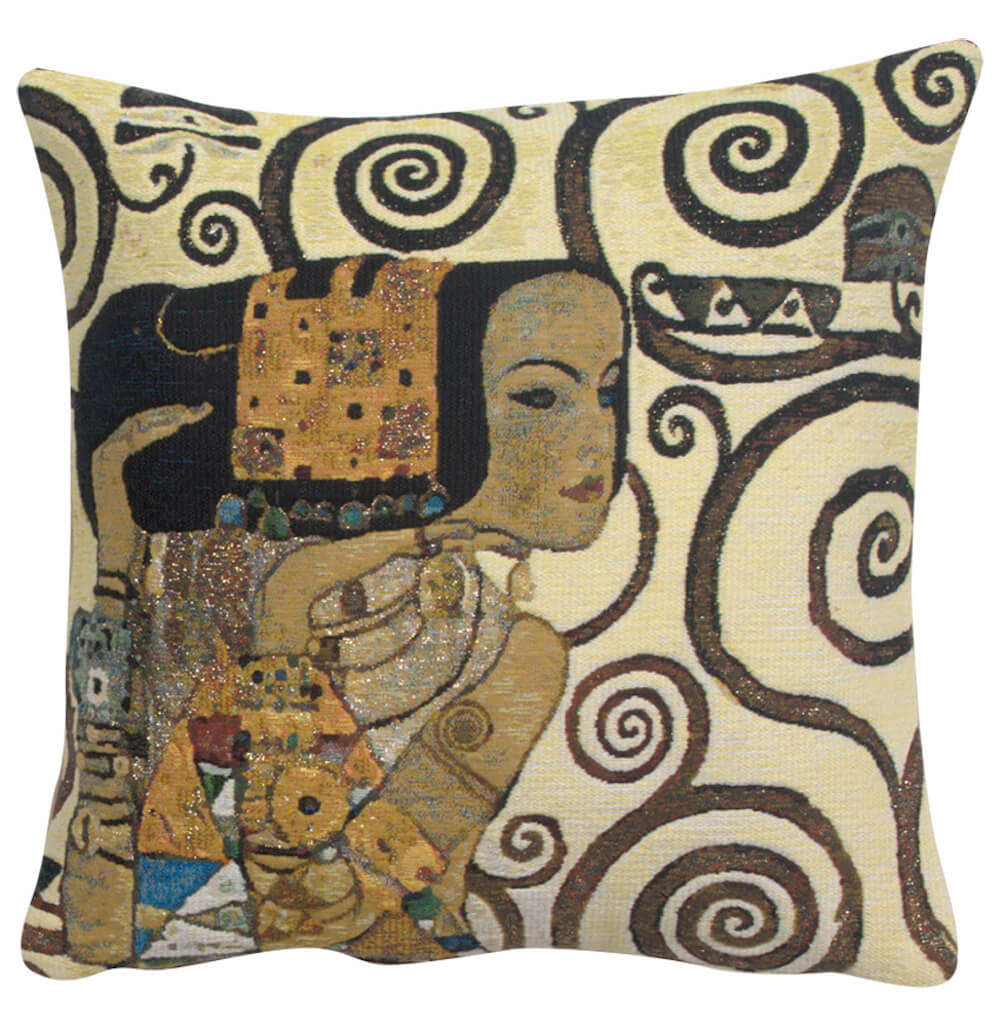 Lebensbaum Expectations pillow cover woven in Belgium, inspired by Gustav Klimt, in cream tones