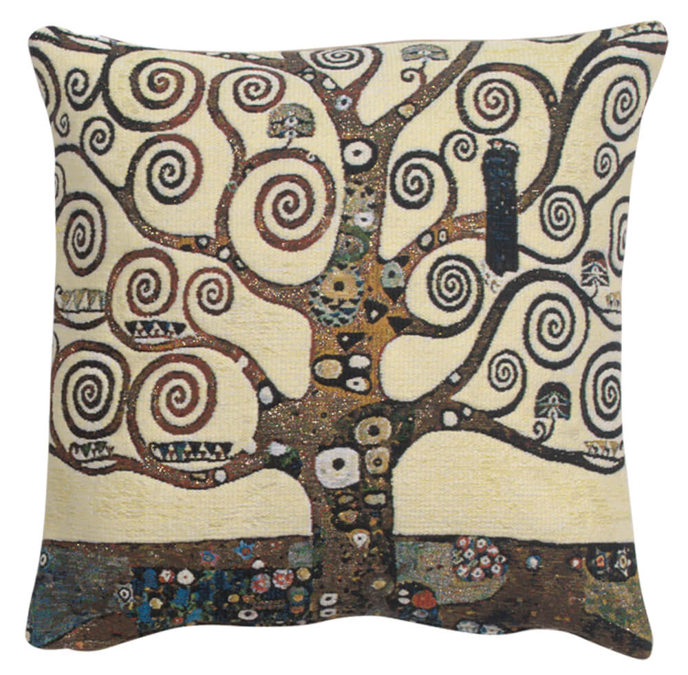 Lebensbaum Tree pillow cover woven in Belgium, inspired by Gustav Klimt, in black tones, with a jacquard weave