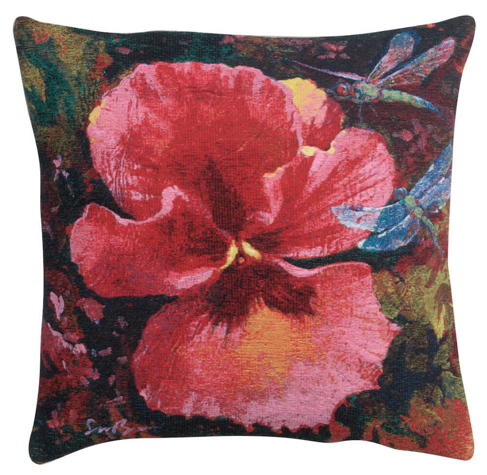 Gratitude I pillow cover woven in Belgium, inspired by Simon Bull, with a floral design in pink tones