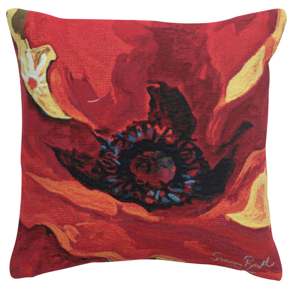 Bright New Day II pillow cover woven in Belgium, inspired by Simon Bull, with a floral design in red tones