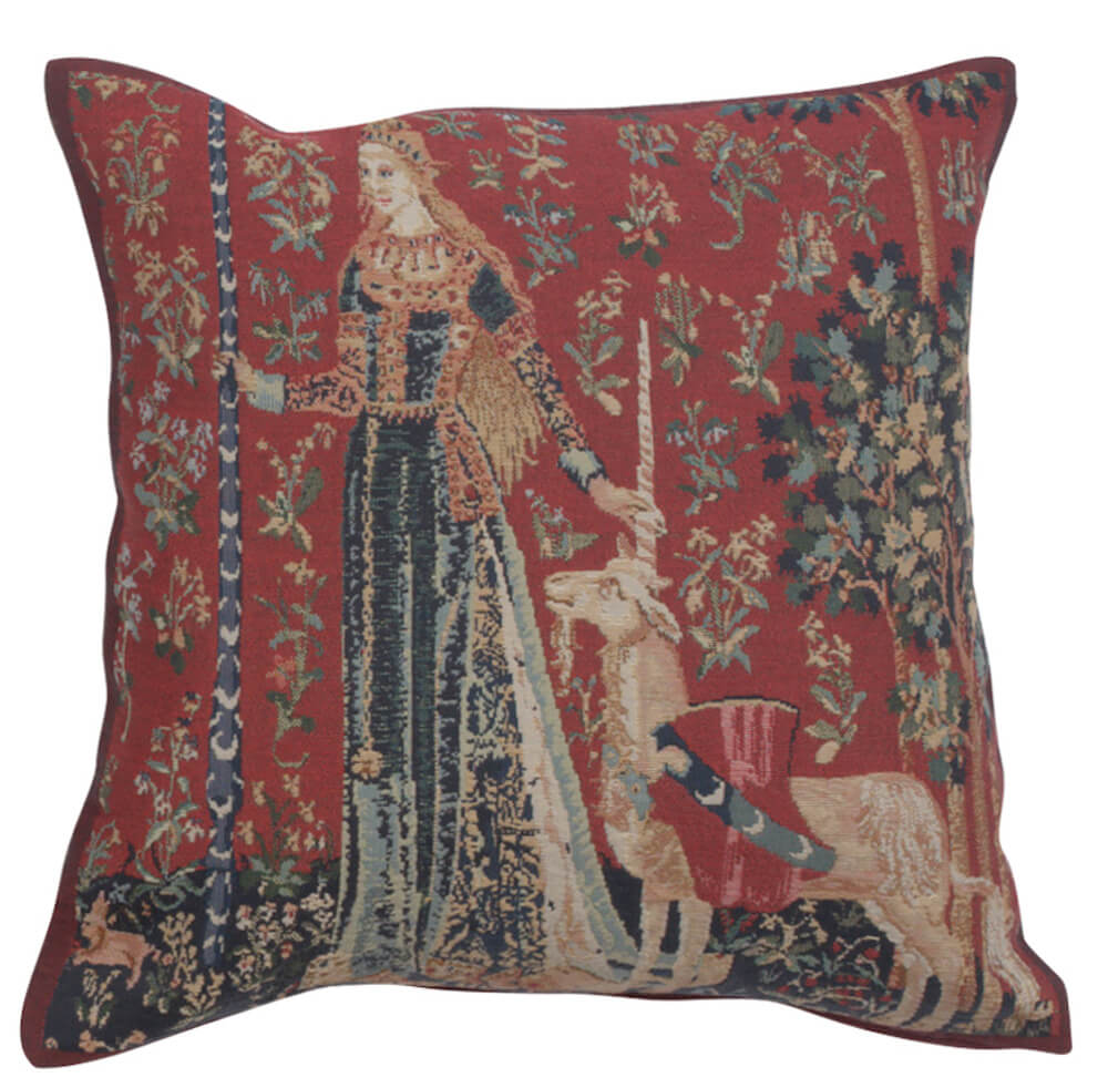 Licorne Gout II pillow cover woven in Belgium, with a unicorn design in red tones, sized 17" x 17"
