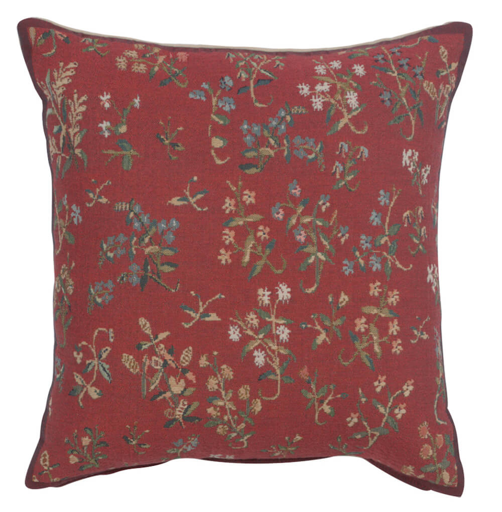 Licorne Mille Fleurs II pillow cover woven in Belgium, in red tones, sized 17" x 17"