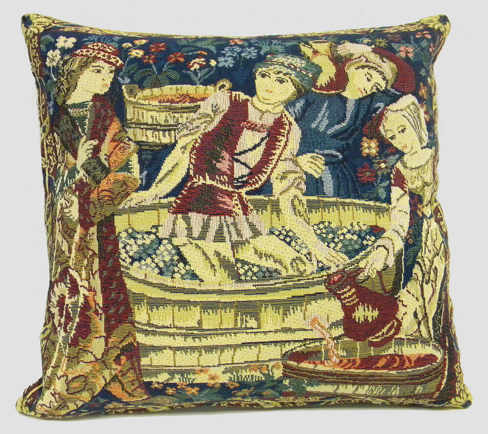 Medieval pillow cover woven in Belgium, depicting a scene from the Vendages Belgian tapestries, sized 14" x 14"