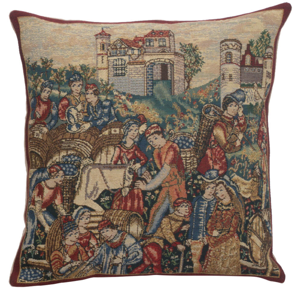 Winemerchants I pillow cover woven in Belgium, with a vineyard design in red tones, sized 16" x 16"