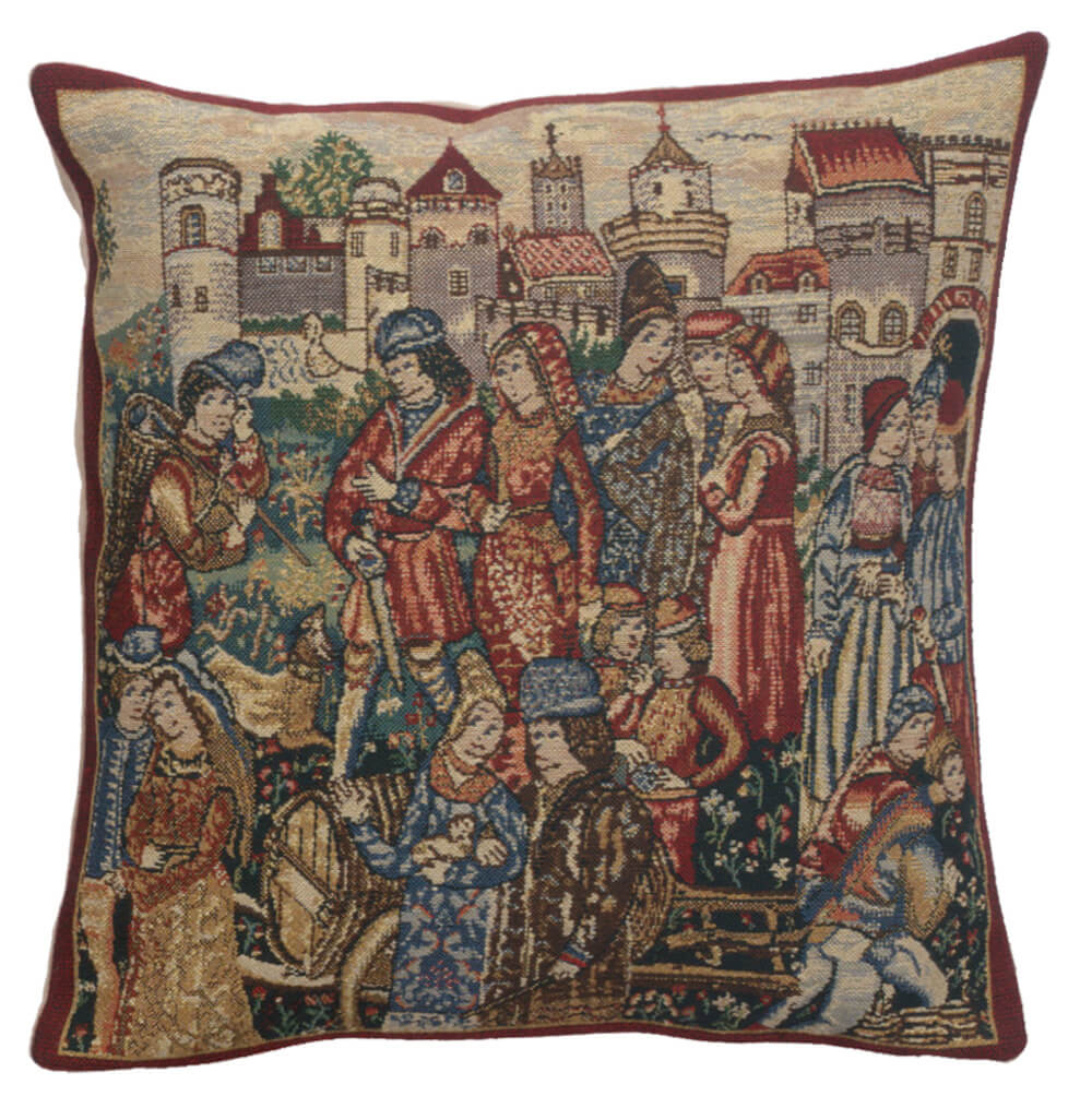 Winemerchants II pillow cover woven in Belgium, with a vineyard design in red tones, sized 16" x 16"
