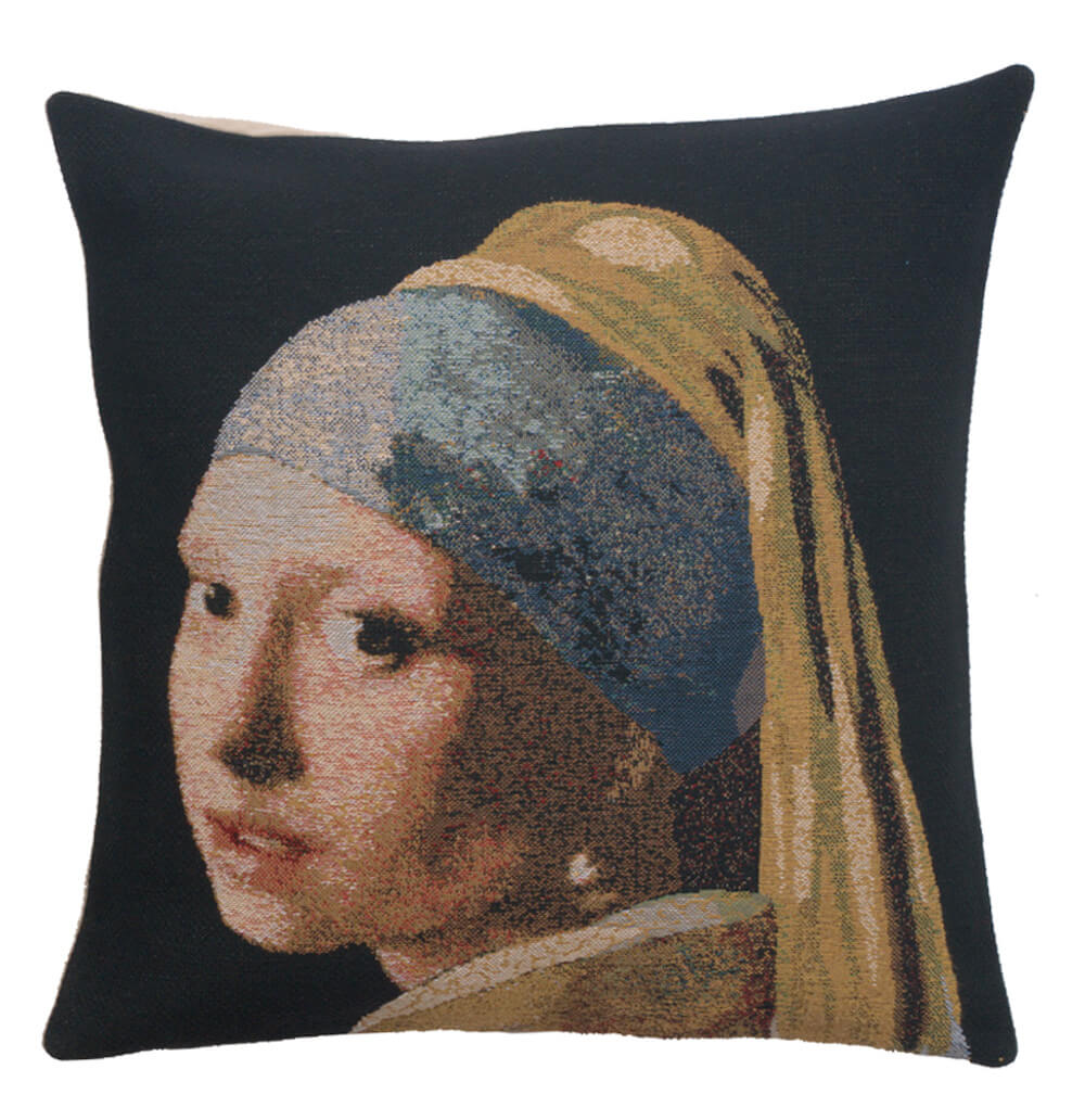 Girl With The Pearl Earring pillow cover woven in Belgium, inspired by Johannes Vermeer, in brown and beige tones
