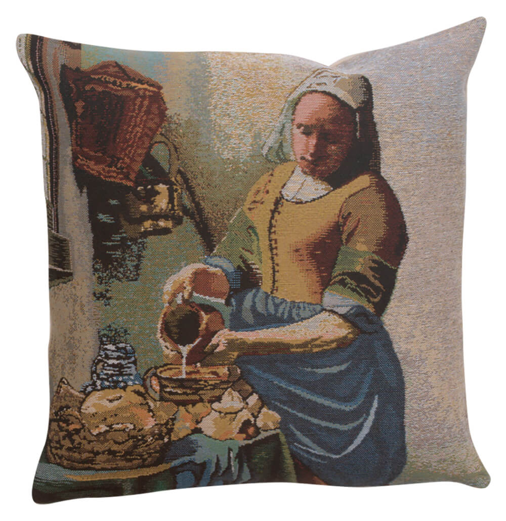 The Servant Girl pillow cover woven in Belgium, in brown and beige tones, sized 16" x 16"